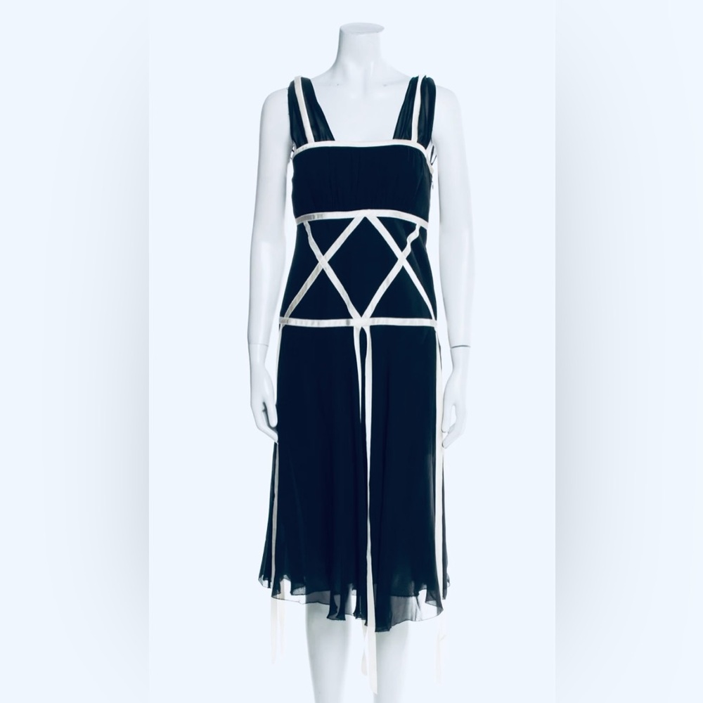 Nicole Miller Black and White Geometric Midi Dress with flowing ribbon detail